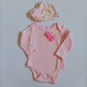 Soft Pink Bodysuit Sz 3-6M with Floral Details With A Matching Hat